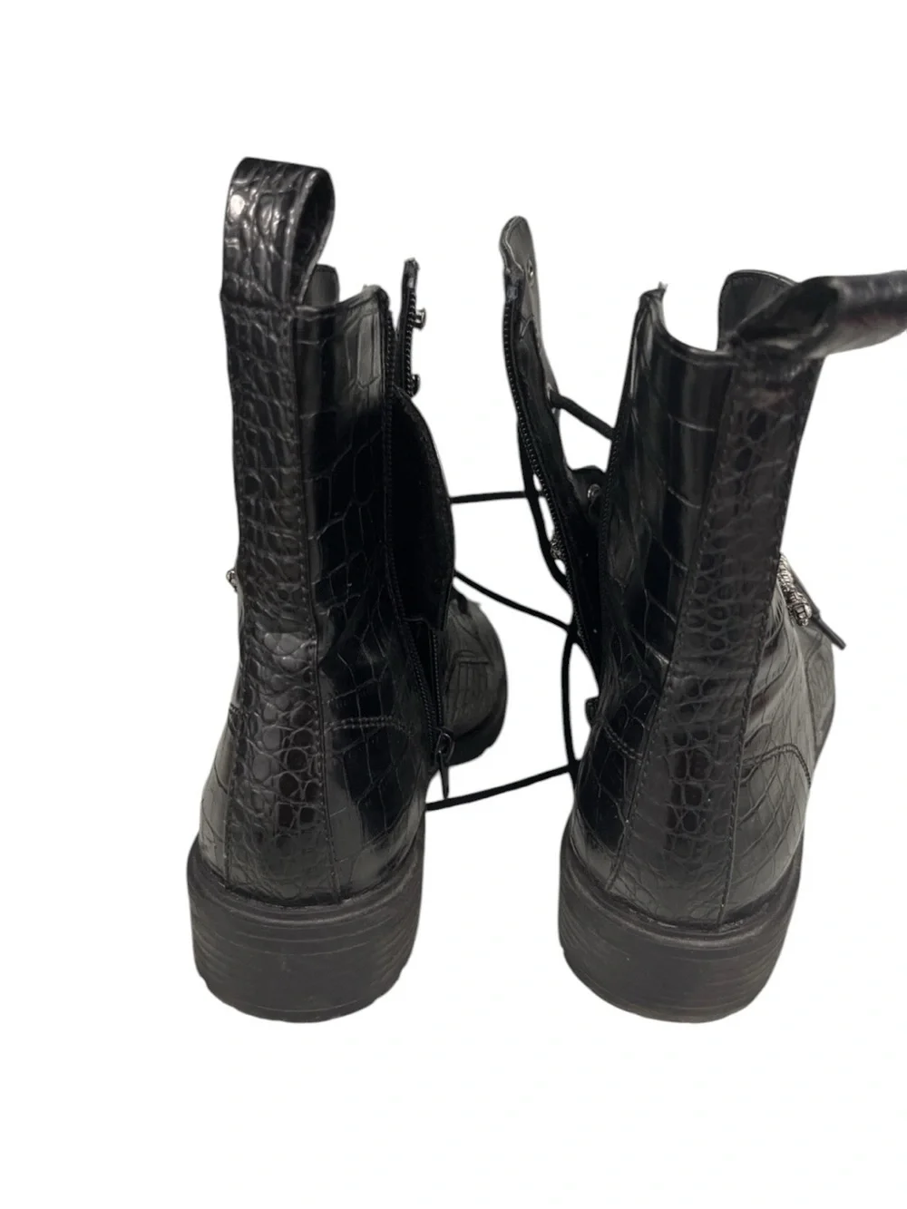 Express Black Croc-Embossed Lace-Up Boots with Rhinestone Strap 9 - Picture 6 of 6